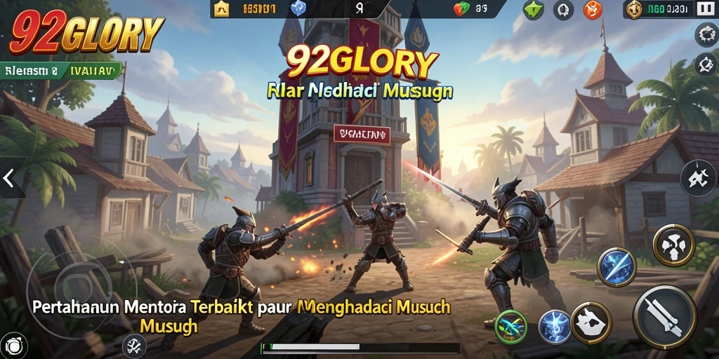 Tampilan gameplay menakjubkan dalam 92GLORY dengan menara dan musuh beragam.