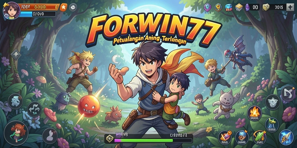Tampilan gameplay FORWIN77 dengan karakter Anime beraksi.