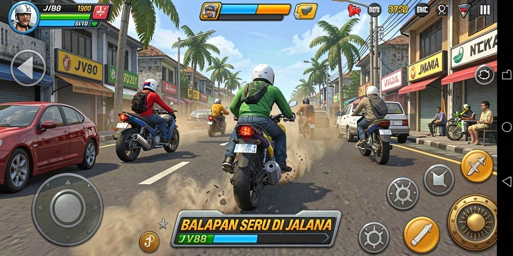 Screenshot gameplay JV88 menampilkan mobil balap sedang melaju di lintasan.