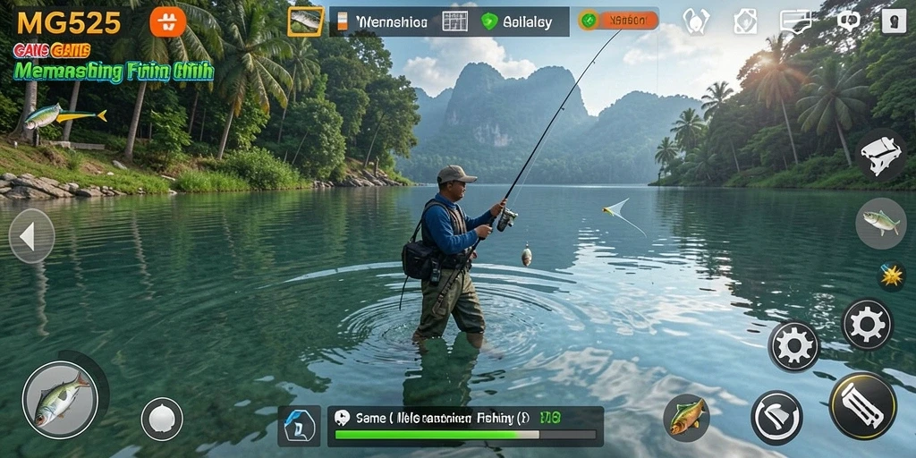 Screenshot gameplay MG525 menampilkan aksi seru saat memancing ikan besar.