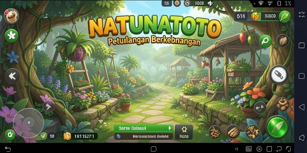Tampilan gameplay NATUNATOTO dengan pemandangan kebun yang indah.