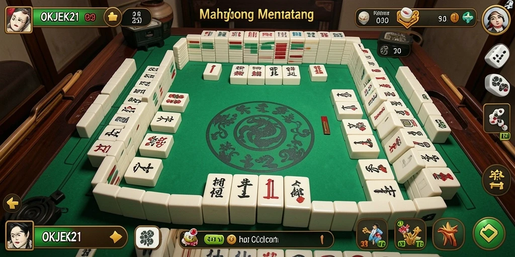 Screenshot menampilkan gameplay seru di OKJEK21 dengan ubin Mahjong yang penuh warna.