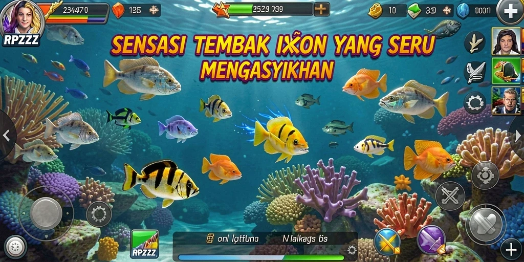 Screenshot permainan menunjukkan aksi menembak ikan yang seru dan menggembirakan.