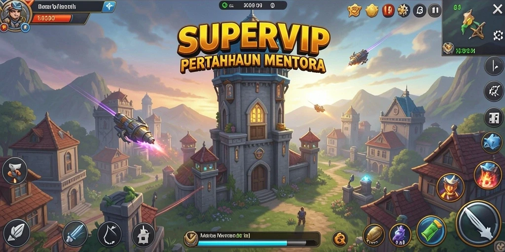 Tampilan gameplay SUPERVIP yang menarik dengan menara pertahanan beraksi.